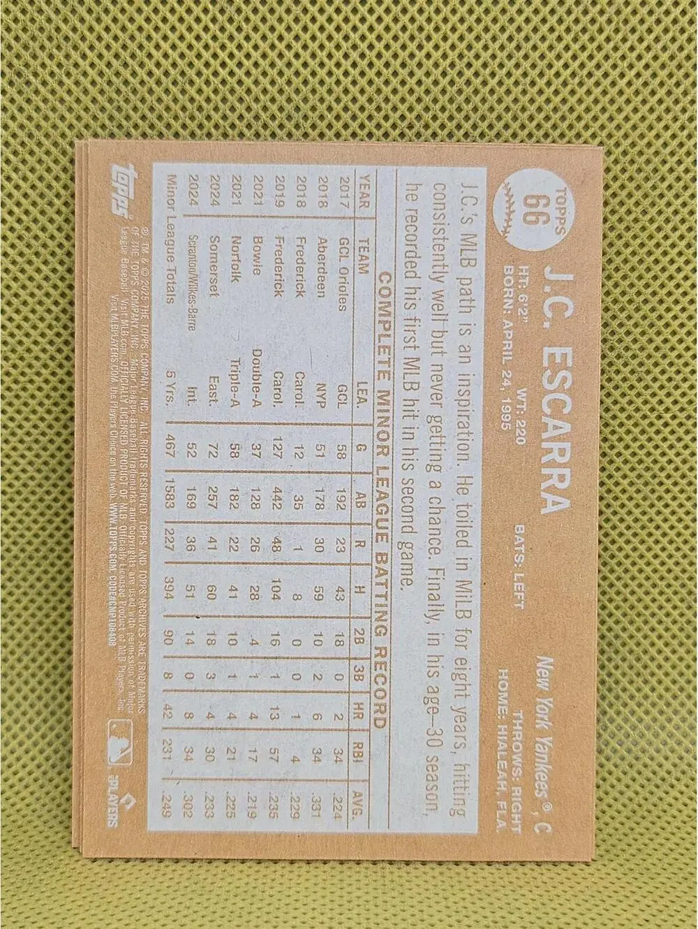 J.C. Escarra - RC - 2025 Topps Archives #66 - Yankees - RAW mint